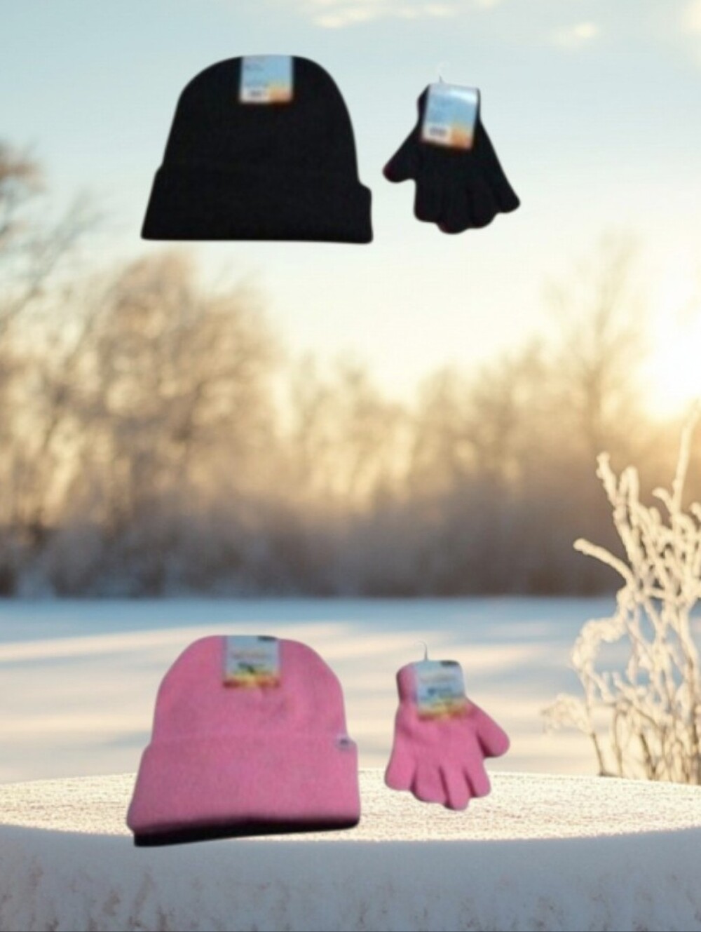 #HL03 Cozy Knit Beanie and Gloves Set - Black or Pink 2 Pairs
